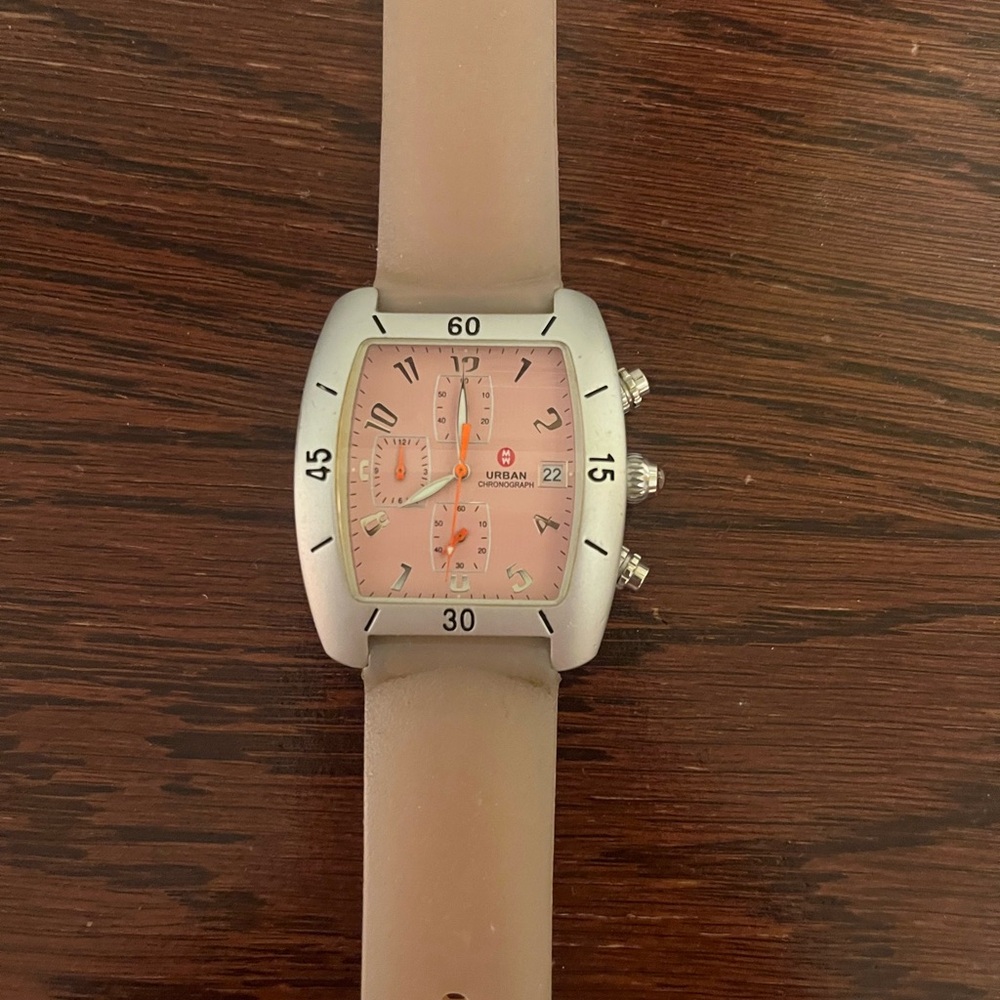 Michele Watch …Urban Silver and Pink Watch with pink rubber band! Rare band !